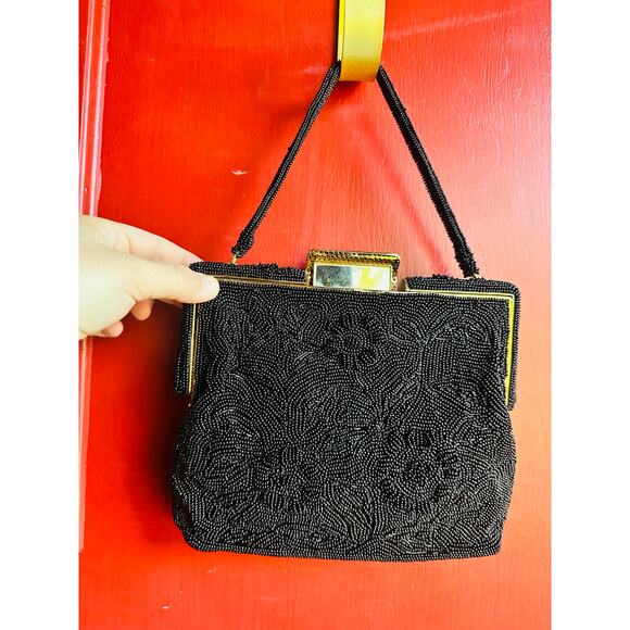 Vintage 70s/80s Black Beaded Embroidered Clutch Closure Beaded Handled Handbag - Picture 1 of 12